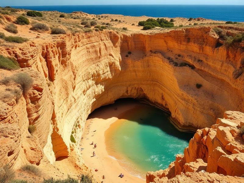 Golden Algarve cliffs above a sandy cove and turquoise sea