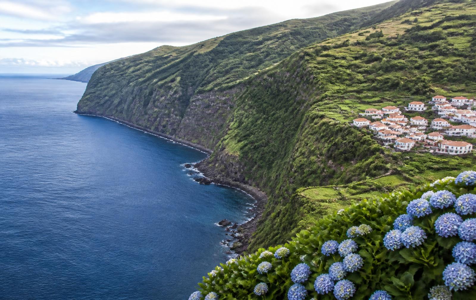 Green volcanic cliffs above the Atlantic on an Azorean island