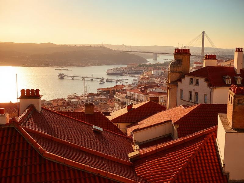 Terracotta rooftops of Lisbon with the Tagus river beyond