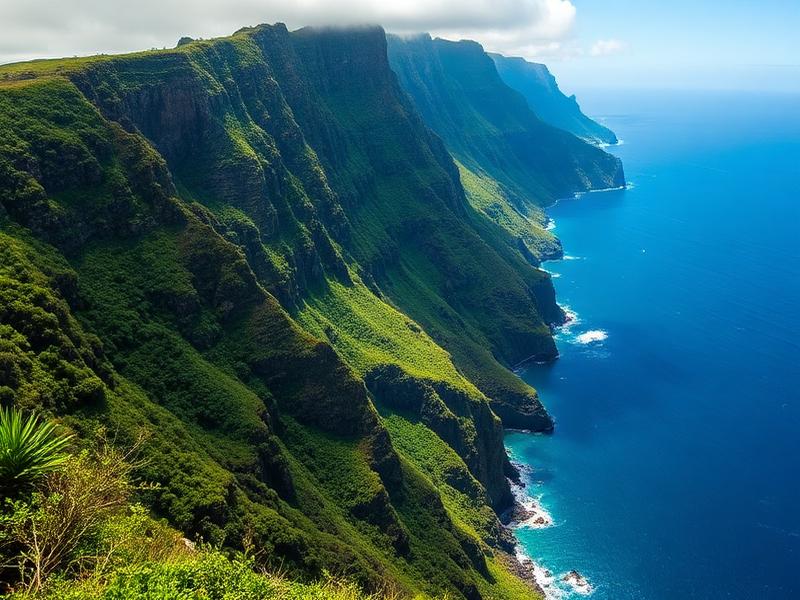 Green mountain cliffs of Madeira meeting the Atlantic ocean